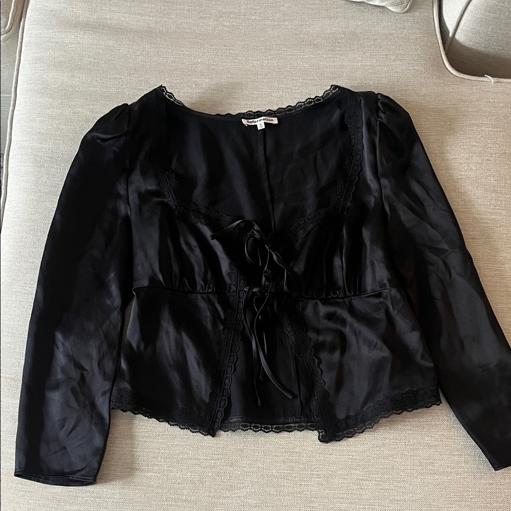 Reformation Elegant Black Tie-Front Blouse
